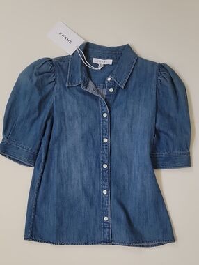 Frame Denim Blue Denim Button-Down Puff Sleeve Shirt
